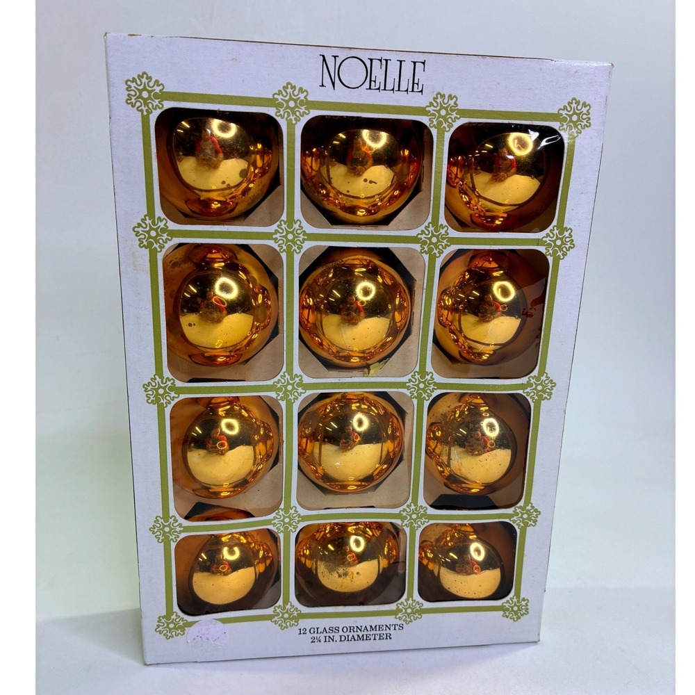 Vintage Noelle Glass Ornaments 12 Pack Gold Amber Round 2.25" Made in USA #214